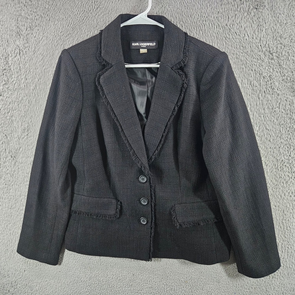 Karl Lagerfeld Paris Womens Black Fringe Trim Tweed Blazer Jacket Size 14